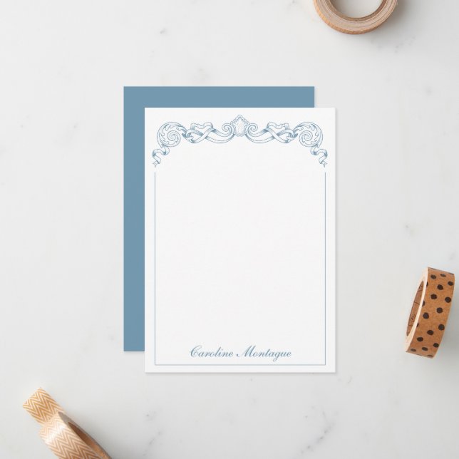 Blue and White Ribbon Crest Frame Personalized Note Card (Front/Back In Situ)