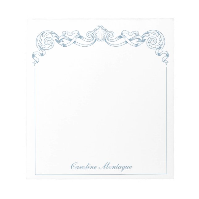 Blue and White Ribbon Crest Frame Personalized Notepad (Front)