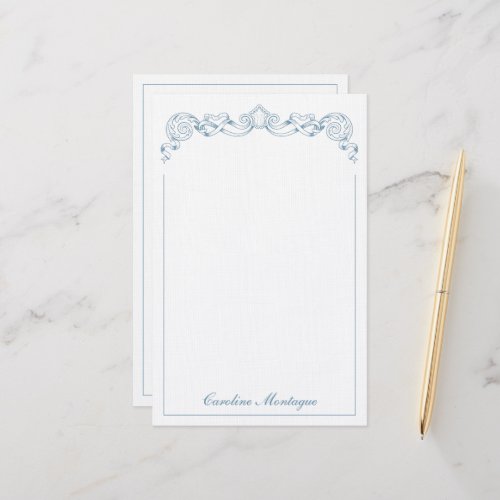 Blue and White Ribbon Crest Frame Personalized Stationery