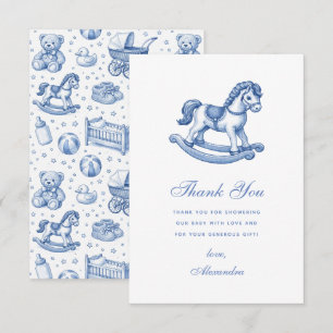 Blue and White Rocking Horse Baby Boy Shower Thank You Card