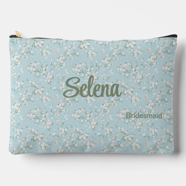 Blue and White Romantic Floral Bridesmaid Accessory Pouch (Front)