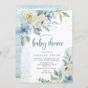 Blue and White Roses Floral Gold Foil Baby Shower Invitation