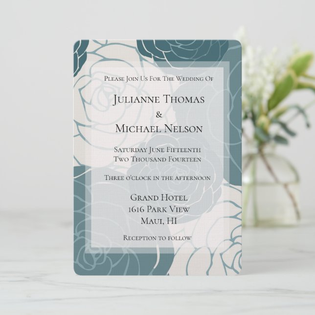 Blue and White Roses Floral Romantic Wedding Invitation (Standing Front)