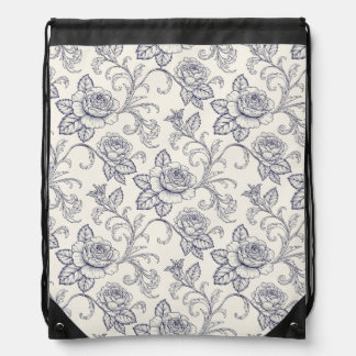 Blue and white roses flower country drawstring bag