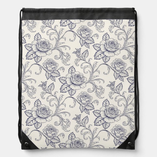 Blue and white roses flower country drawstring bag (Front)