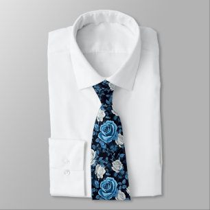 Blue And White Roses Neck Tie