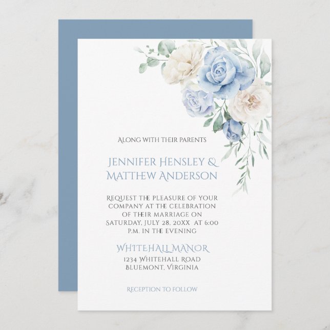 Blue and White Roses, Peonies Wedding Invitation (Front/Back)