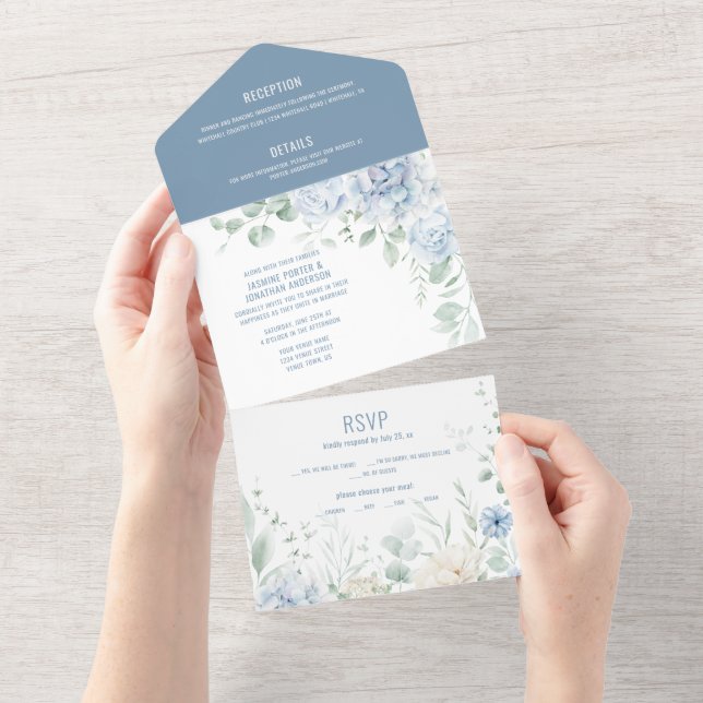Blue and White Roses, Peonies Wedding Invitation (Tearaway)