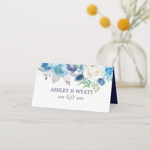 Blue And White Roses Place Card