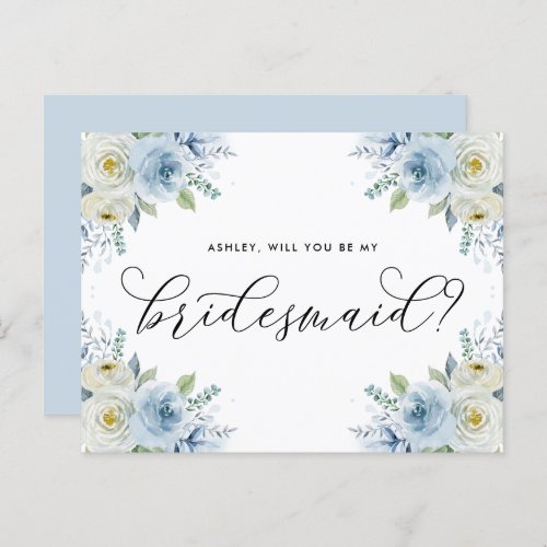 Blue and White Roses Will You Be My Bridesmaid Announcement Postcard