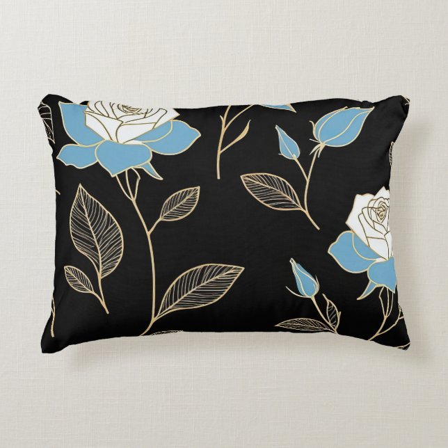 Blue and White Roses with Gold trim Accent Pillow (Front)
