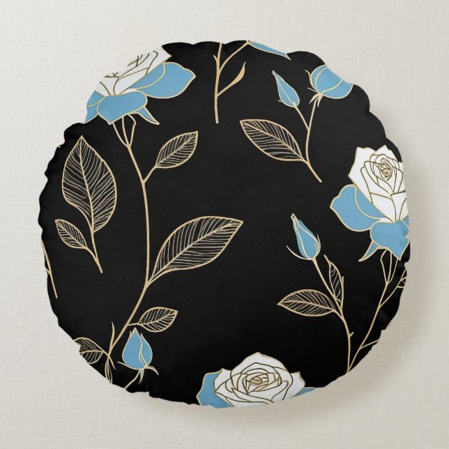 Blue and White Roses with Gold trim Round Pillow (Front)