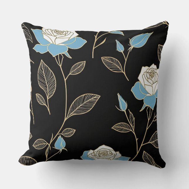 Blue and White Roses with Gold trim Throw Pillow (Front)
