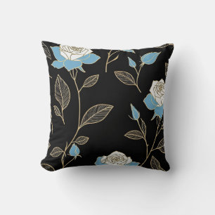 Blue and White Roses with Gold trim Throw Pillow