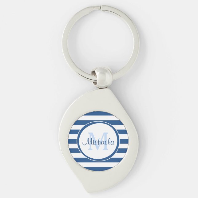 Blue and White Rugby Stripes With Girly Monogram Keychain (Front)