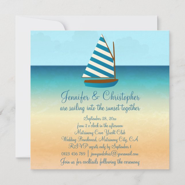 Blue and White Sailing Boat Wedding Invitation (Front)