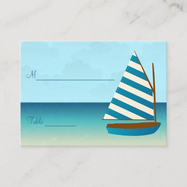 Blue and White Sailing Boat Wedding Place Setting Place Card (Front)