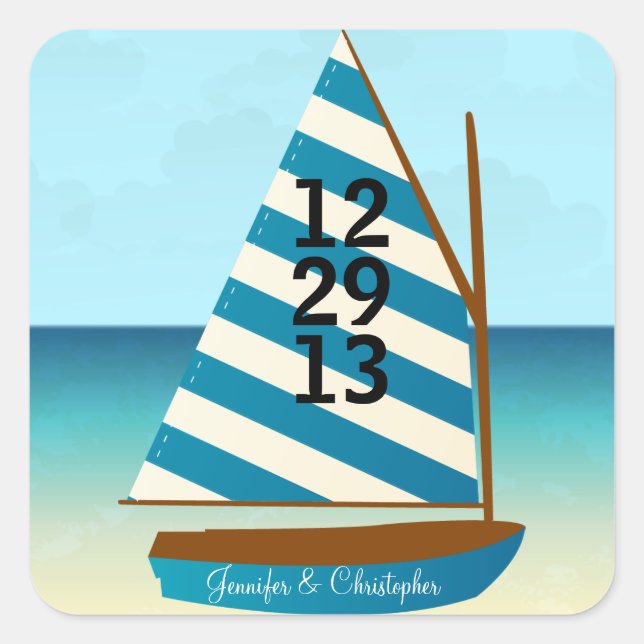 Blue and White Sailing Boat Wedding Save the Date Square Sticker (Front)