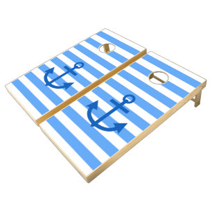 Blue and White Sailor Striped & Anchor Cornhole Set