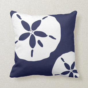 Blue and White Sand Dollar Sea Shell Pattern Throw Pillow