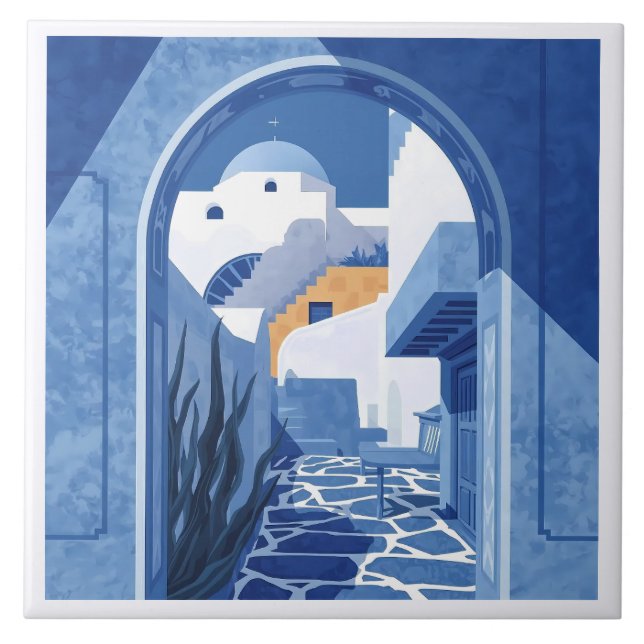 Blue and White Santorini Mediterranean Azulejo Ceramic Tile (Front)