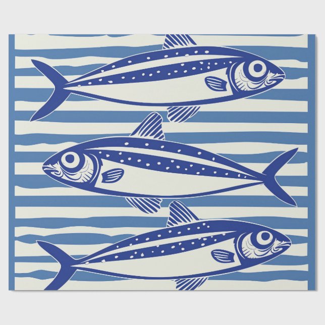Blue and White Sardines Stripes Wrapping Paper (Flat)