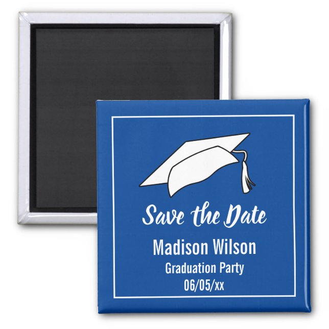Blue and White Save the Date Graduation Party Magnet (Front)