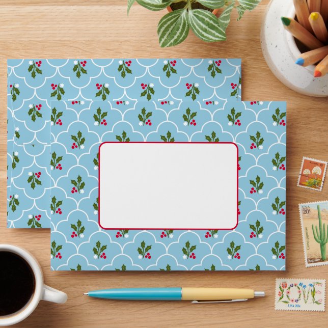 Blue and White Scallop Frame and Holly Holiday Envelope (Desk)