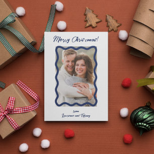 Blue and White Scalloped Wavy Lines Frame Photo Holiday Card