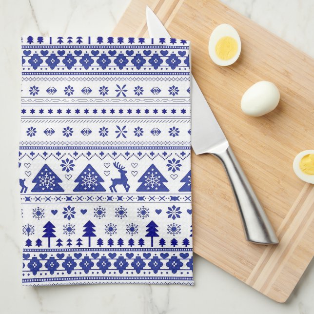 Blue and White Scandinavian Nordic Christmas Kitchen Towel (Quarter Fold)