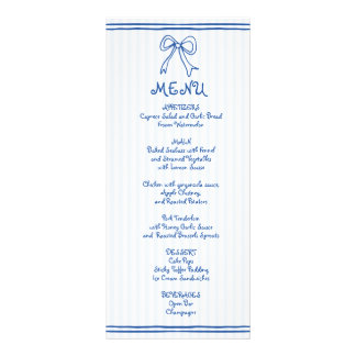 Blue and white scribble bow wedding menu card