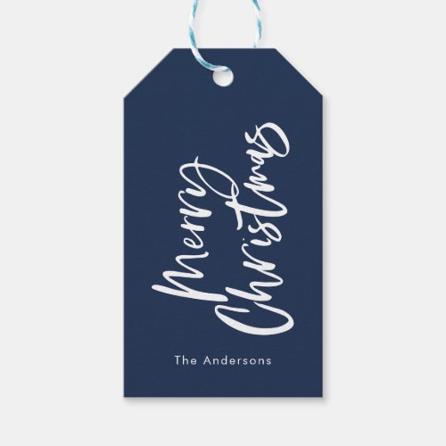 Blue and white script merry Christmas Gift Tags