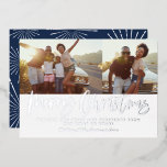 Blue and white script merry Christmas multi photo Foil Holiday Card<br><div class="desc">Blue and white script merry christmas multi photo modern star burst design.</div>