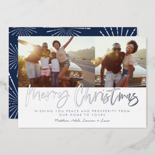 Blue and white script merry Christmas multi photo Foil Holiday Card
