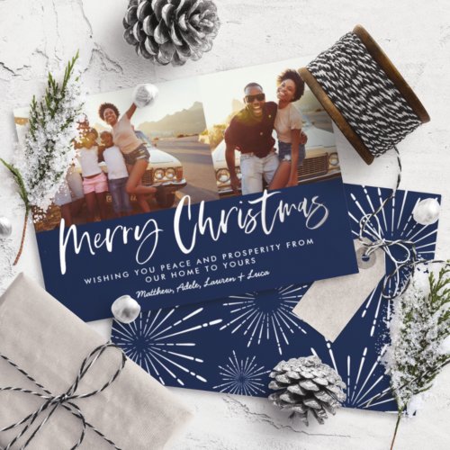 Blue and white script merry Christmas multi photo Foil Holiday Card