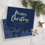 Blue and white script merry Christmas non photo Fo Foil Holiday Card<br><div class="desc">Navy blue and white script merry Christmas non photo modern star burst design.</div>
