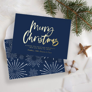 Blue and white script merry Christmas non photo Fo Foil Holiday Card