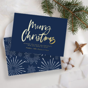 Blue and white script merry Christmas non photo Fo Foil Holiday Card