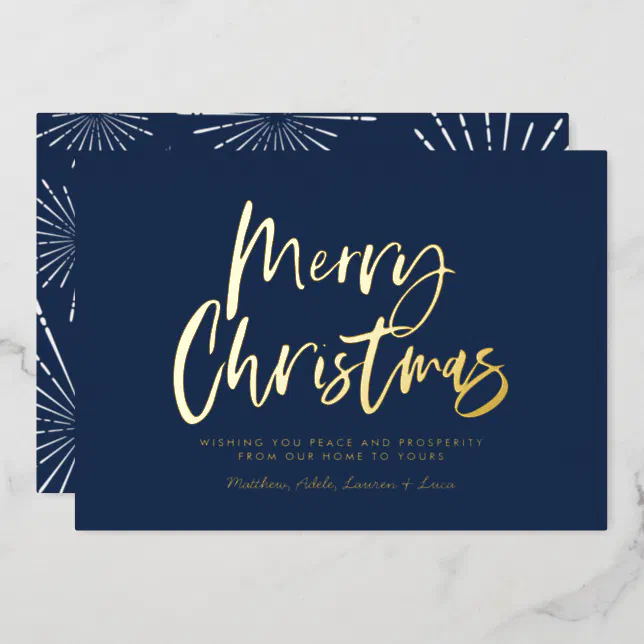 Blue and white script merry Christmas non photo Fo Foil Holiday Card ...