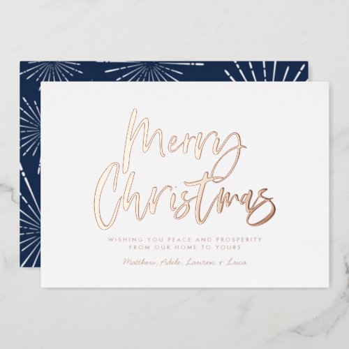 Blue and white script merry Christmas non photo Foil Holiday Card