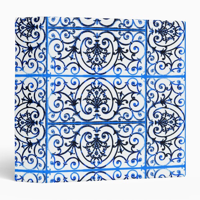 Blue and white scrollwork pattern 3 ring binder (Front/Spine)