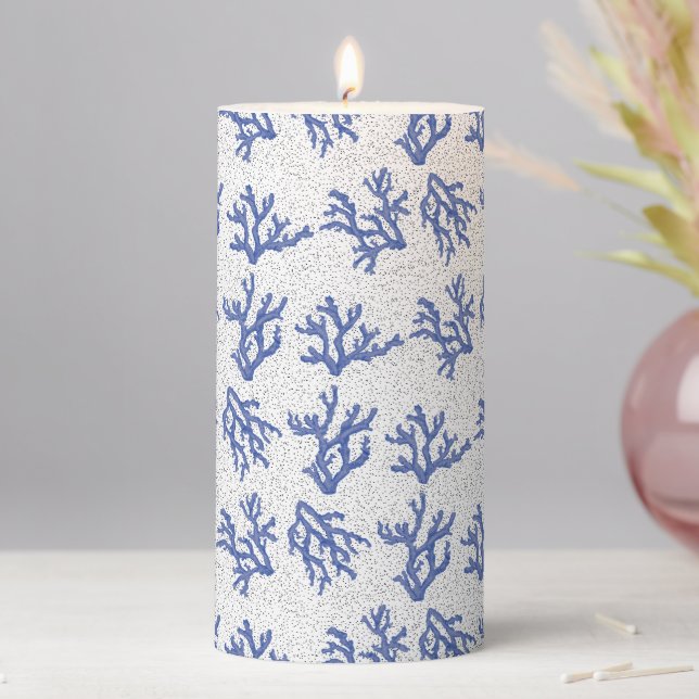Blue and white sea coral all over pillar candle (In Situ)