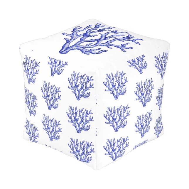 Blue and white sea coral pouf (Angled Front)