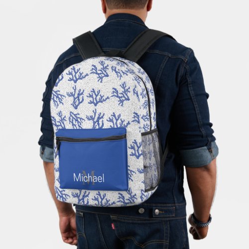 Blue and white sea coral  printed backpack