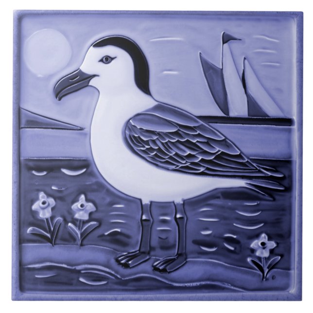 Blue and White Sea gull Ocean Marine Bird Seagull Ceramic Tile (Front)