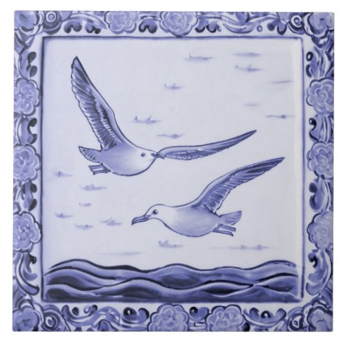 Blue and White Sea gulls Ocean Seagull Birds Ceramic Tile