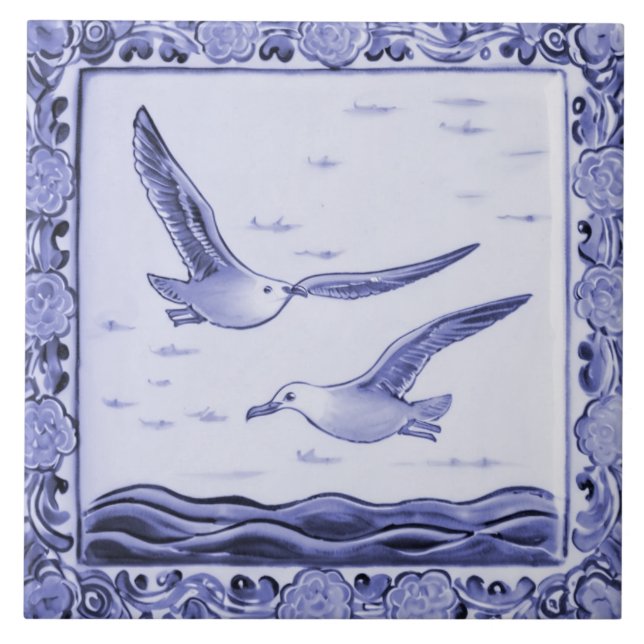 Blue and White Sea gulls Ocean Seagull Birds Ceramic Tile (Front)