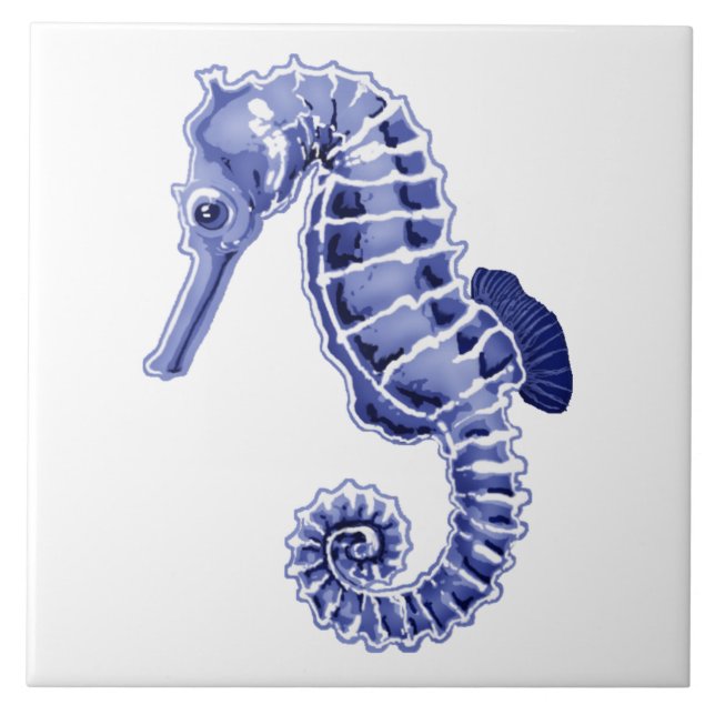 Blue and white seahorse  ceramic tile (Front)