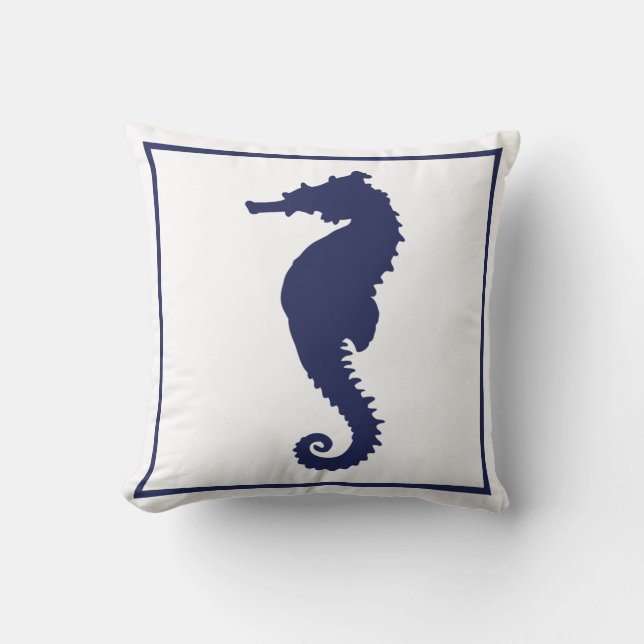 Blue and White Seahorse Coastal Nautical Beach Thr Throw Pillow (Front)