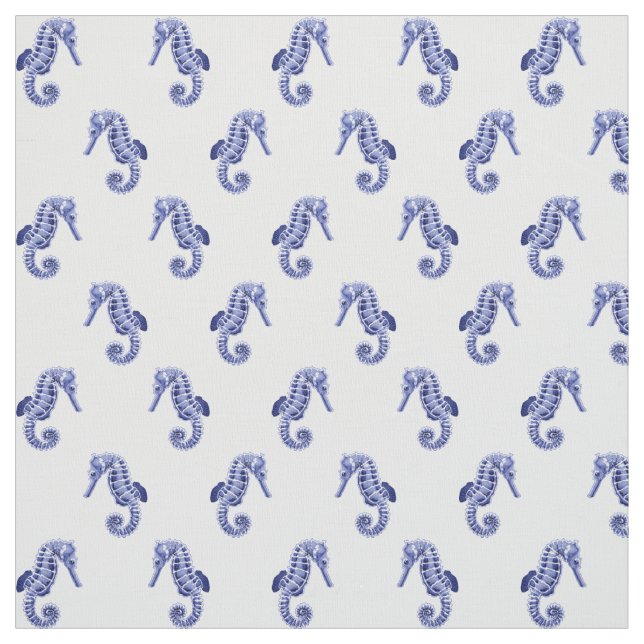 Blue and white seahorse print fabric (Swatch)